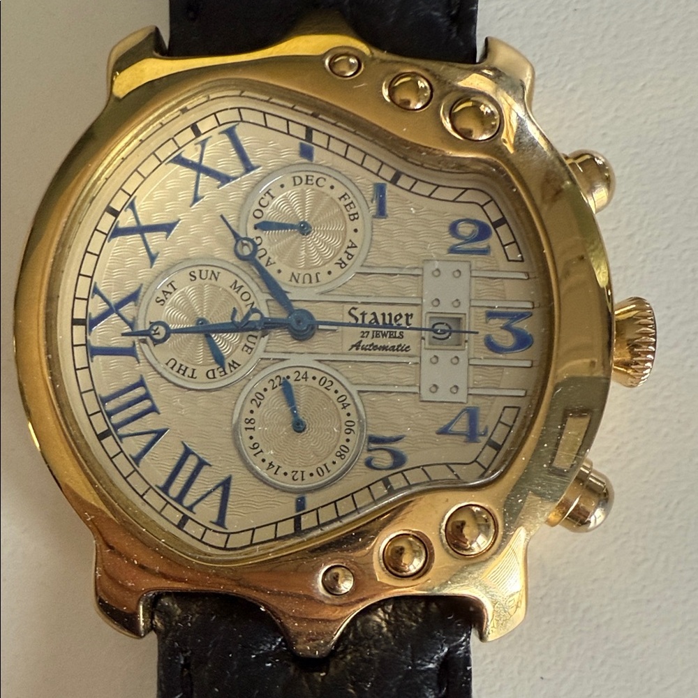 Stauer Guitar Automatic Gold-Tone Men's Watch with Blue Accents